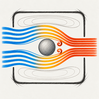 The Sketch CFD app icon: a colored-pencil drawing of air flowing left to right through a box and around a sphere. The streamlines change from blue to amber to orange, with two small eddies behind the sphere.