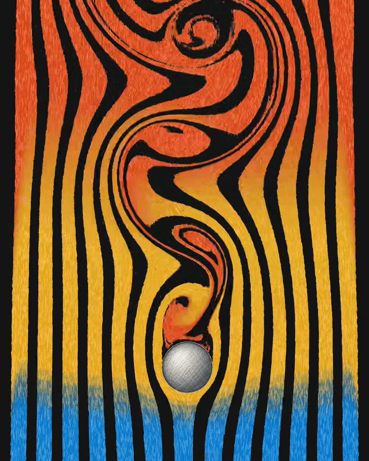Air flowing past a cylinder, from the app’s launch animation: bands of blue, amber, and orange dye show the vortices that shed behind the cylinder one after another, simulated with the app’s own solver.