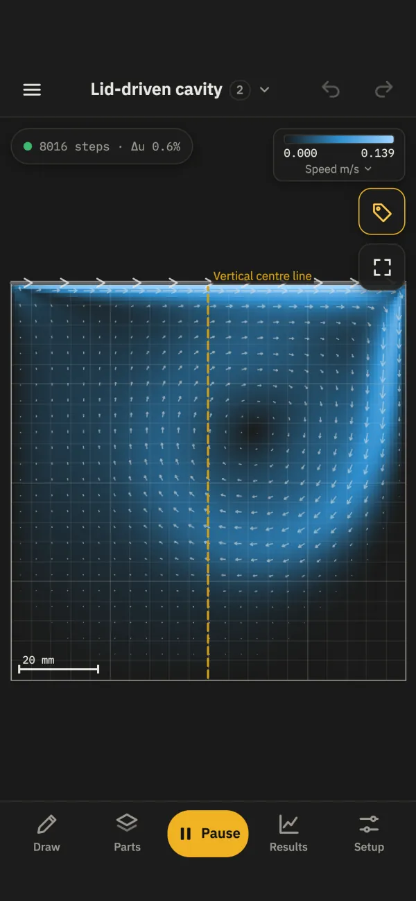 The Lid-driven cavity example, colored by speed from 0 to 0.139 m/s: the lid moves to the right along the top and turns the air in the square box into one large eddy.