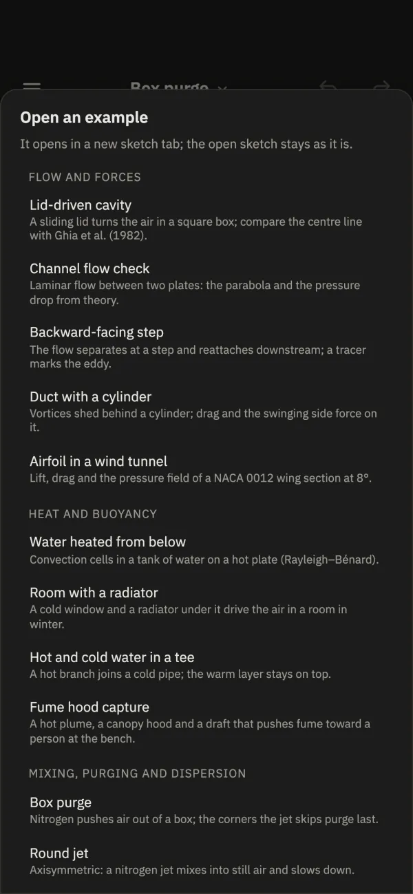 Open an example: the examples in groups, starting with Flow and forces and Heat and buoyancy, each with a one-line description.
