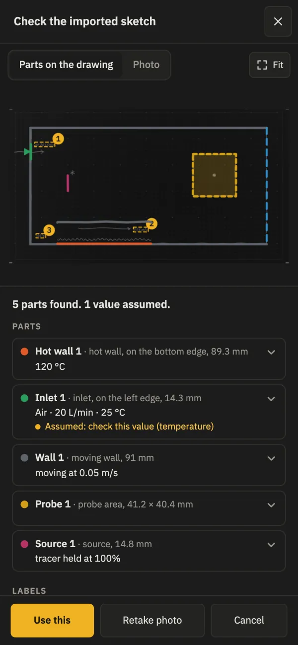 Check the imported sketch: the parts recognized on the sample paper drawing, and the list of 5 parts found, among them a hot wall at 120 °C and an air inlet at 20 L/min with an assumed temperature to check.